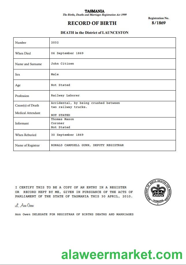 Australia Tasmania death certificate template in Word